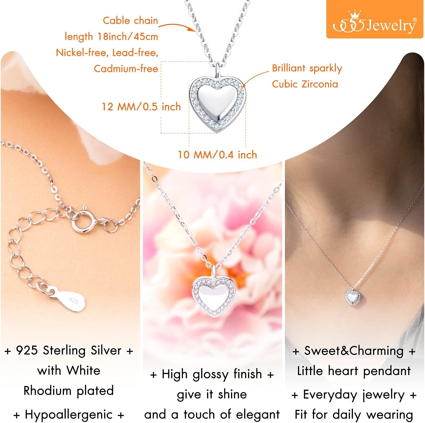image:image555Jewelry Classy 925 Sterling Silver CZ Heart Necklace for Women amp GirlsSilver