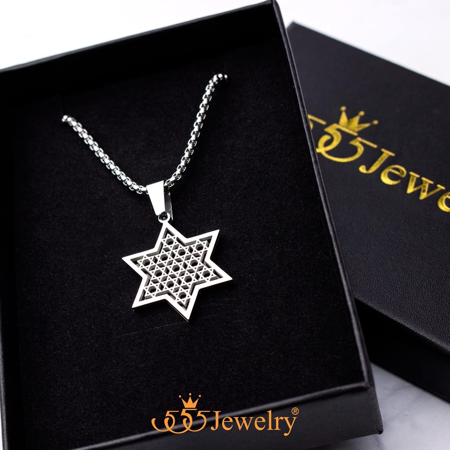 image:image555Jewelry Exclusive Unisex Stainless Steel Star of David Necklace 1624 Inch Box ChainSilver Black