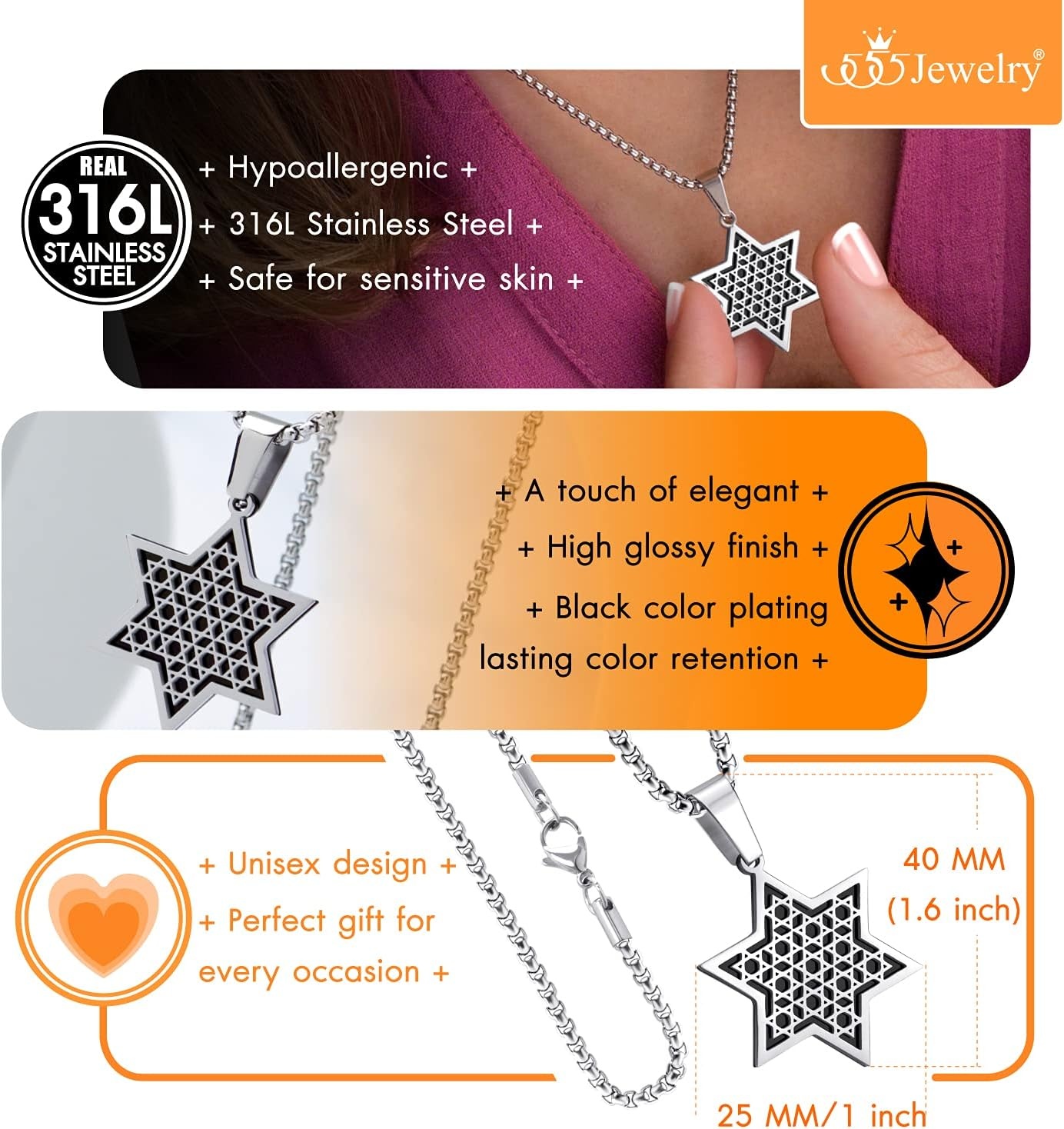 image:image555Jewelry Exclusive Unisex Stainless Steel Star of David Necklace 1624 Inch Box ChainSilver Black
