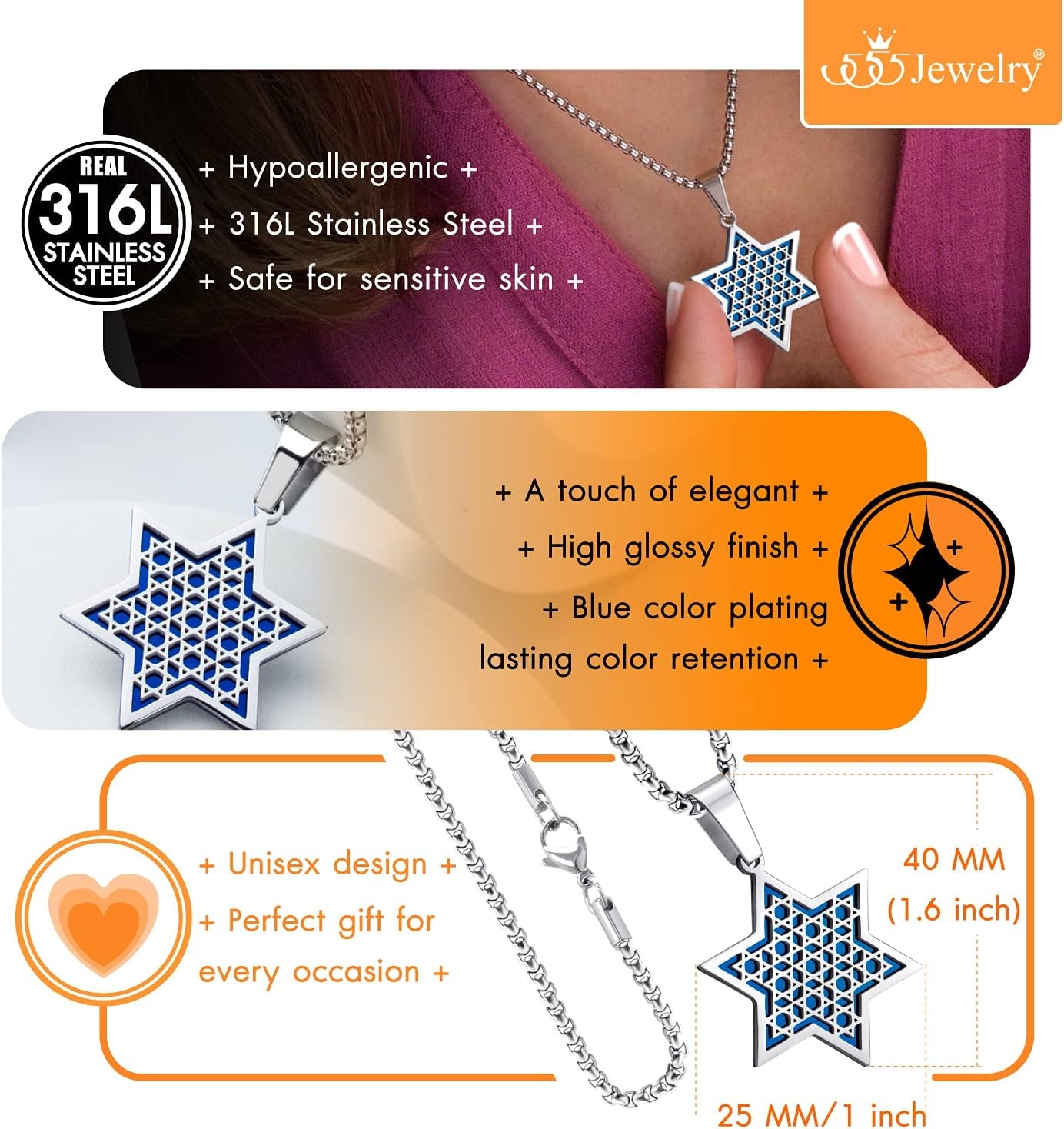 image:image555Jewelry Exclusive Unisex Stainless Steel Star of David Necklace 1624 Inch Box ChainSilver Blue