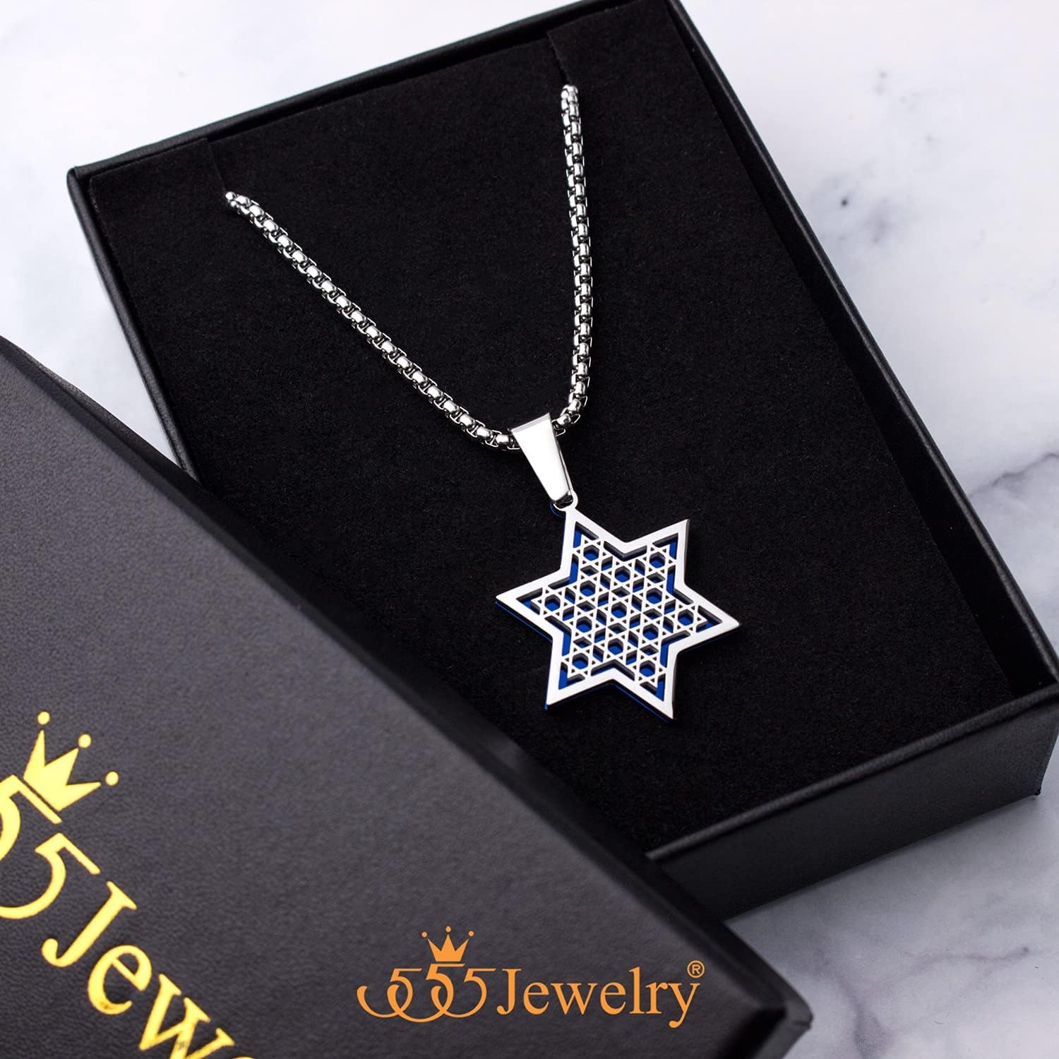 image:image555Jewelry Exclusive Unisex Stainless Steel Star of David Necklace 1624 Inch Box ChainSilver Blue