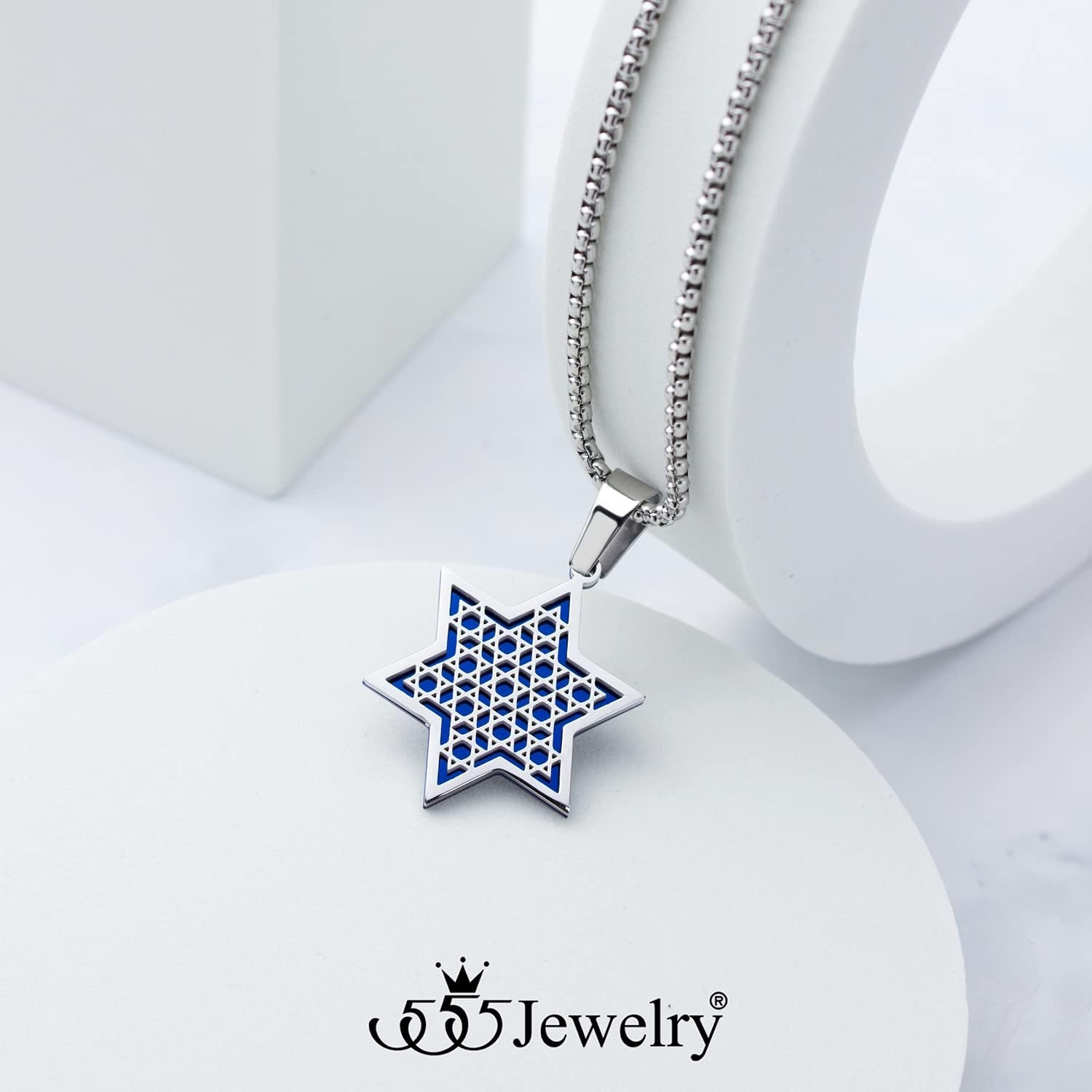 image:image555Jewelry Exclusive Unisex Stainless Steel Star of David Necklace 1624 Inch Box ChainSilver Blue