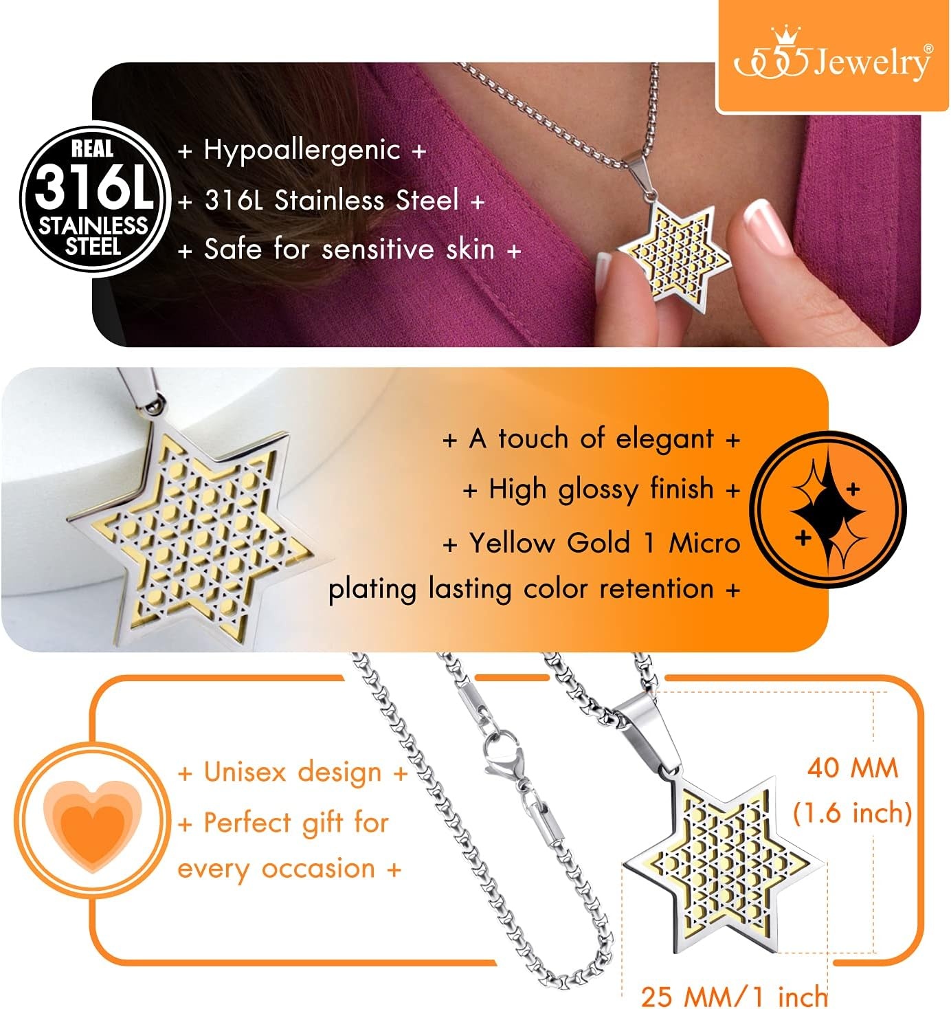 image:image555Jewelry Exclusive Unisex Stainless Steel Star of David Necklace 1624 Inch Box ChainSilver Gold
