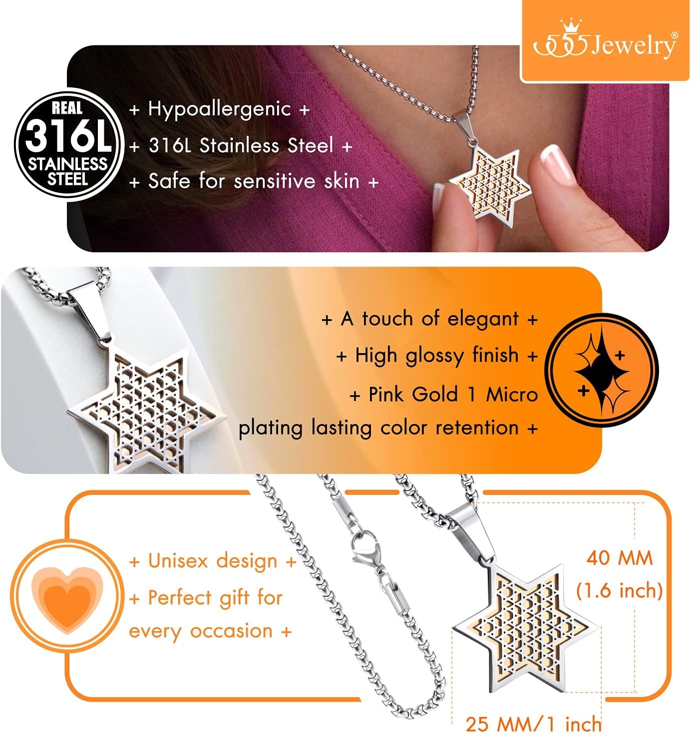 image:image555Jewelry Exclusive Unisex Stainless Steel Star of David Necklace 1624 Inch Box ChainSilver Rose Gold