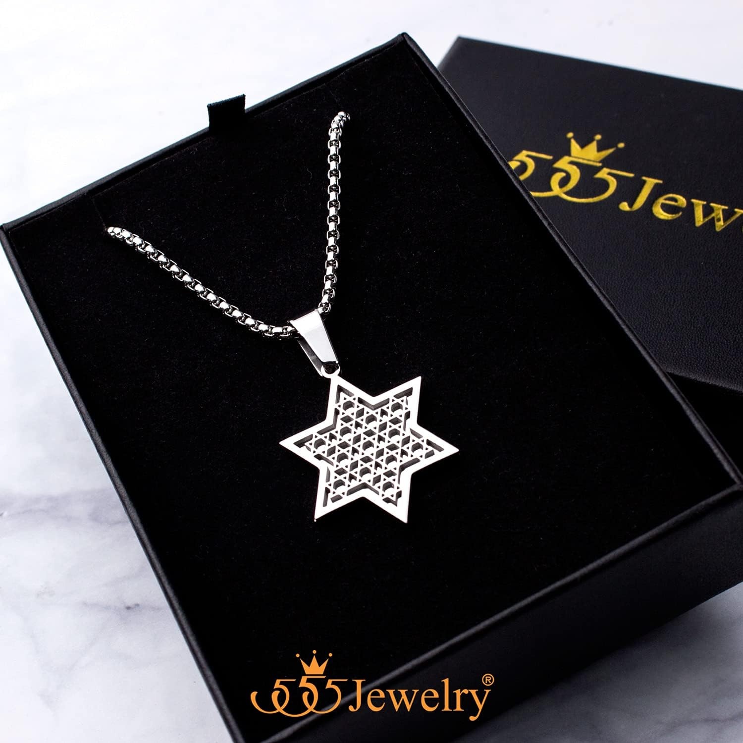 image:image555Jewelry Exclusive Unisex Stainless Steel Star of David Necklace 1624 Inch Box ChainSilver