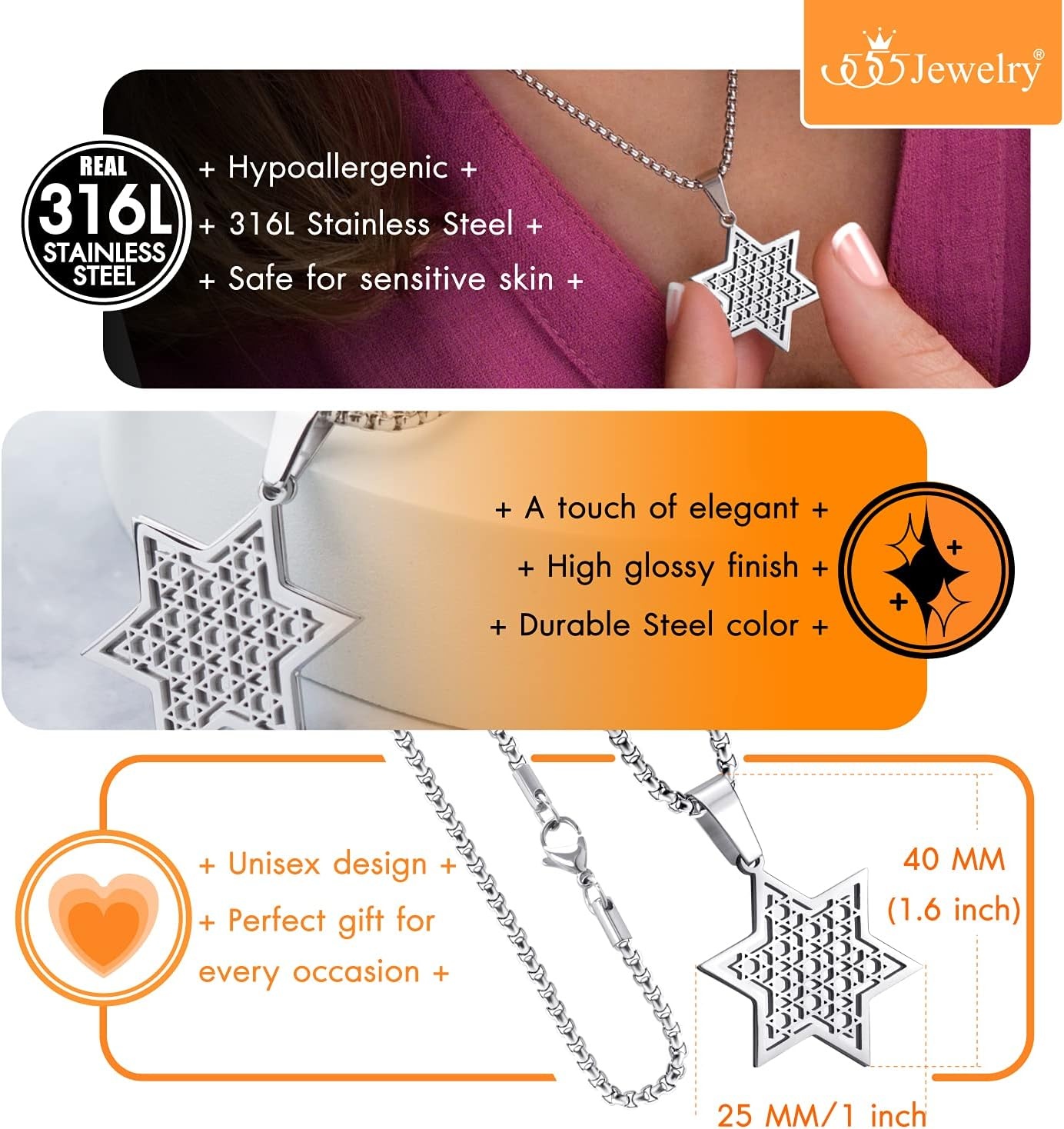 image:image555Jewelry Exclusive Unisex Stainless Steel Star of David Necklace 1624 Inch Box ChainSilver