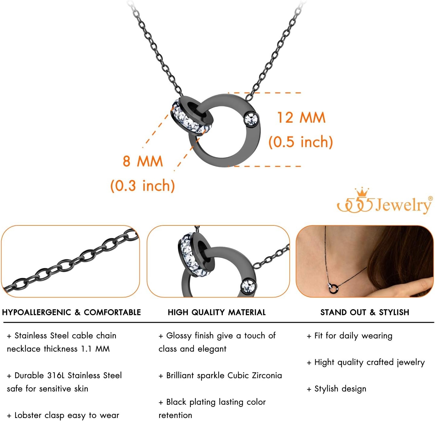 image:image555Jewelry Hypoallergenic Stainless Steel Interlocking Rings Necklace Pendant for WomenBlack