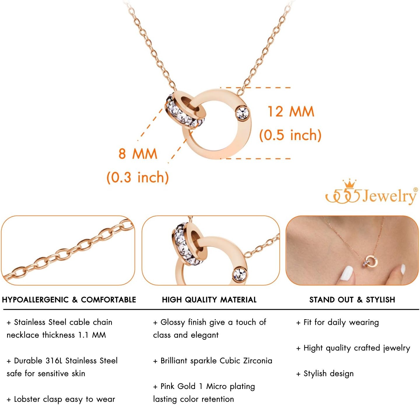 image:image555Jewelry Hypoallergenic Stainless Steel Interlocking Rings Necklace Pendant for WomenRose Gold