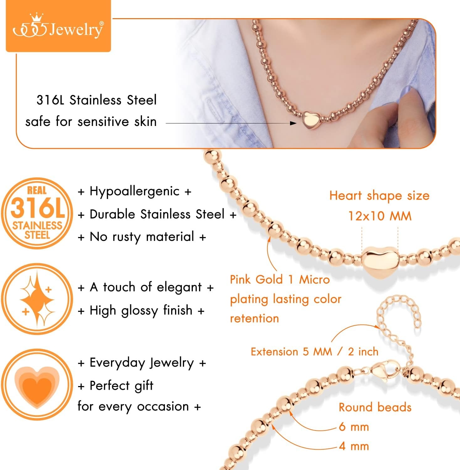 image:image555Jewelry Stainless Steel Ball Beaded Heart Necklace for Women amp LadiesRose Gold