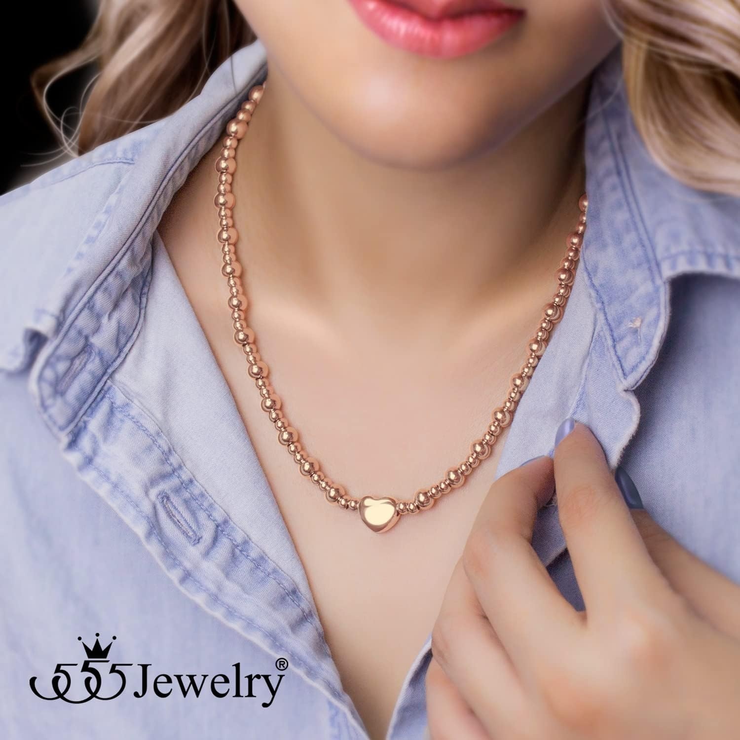image:image555Jewelry Stainless Steel Ball Beaded Heart Necklace for Women amp LadiesRose Gold