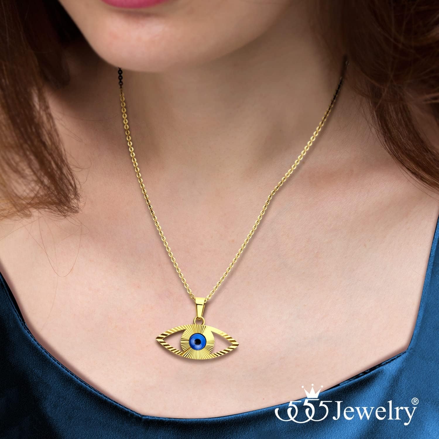 image:image555Jewelry Stainless Steel Blue CZ Evil Eye Necklace Pendant 1820 ChainGold