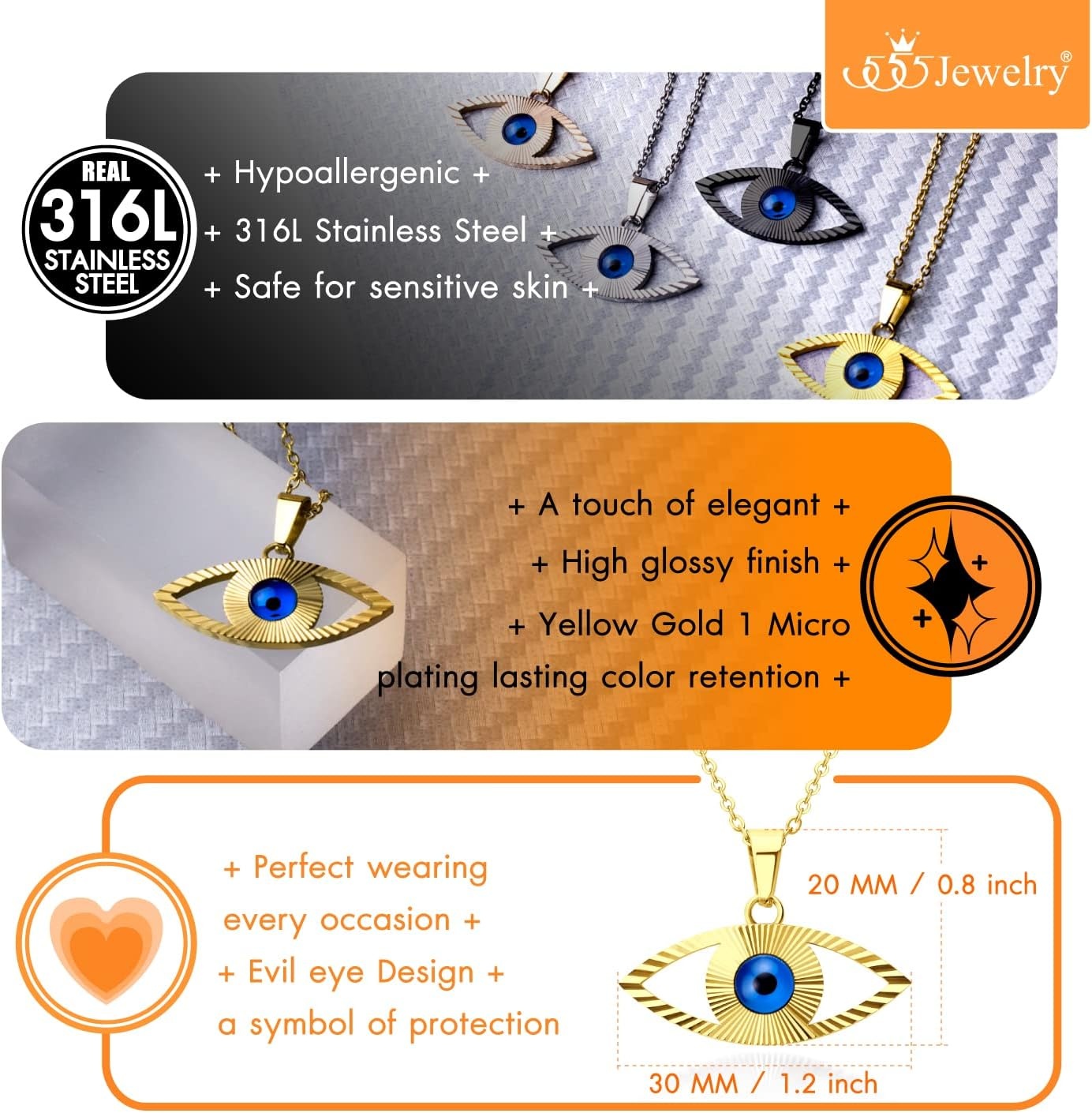 image:image555Jewelry Stainless Steel Blue CZ Evil Eye Necklace Pendant 1820 ChainGold