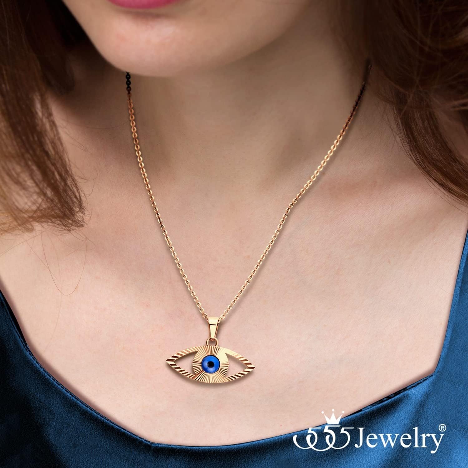 image:image555Jewelry Stainless Steel Blue CZ Evil Eye Necklace Pendant 1820 ChainRose Gold