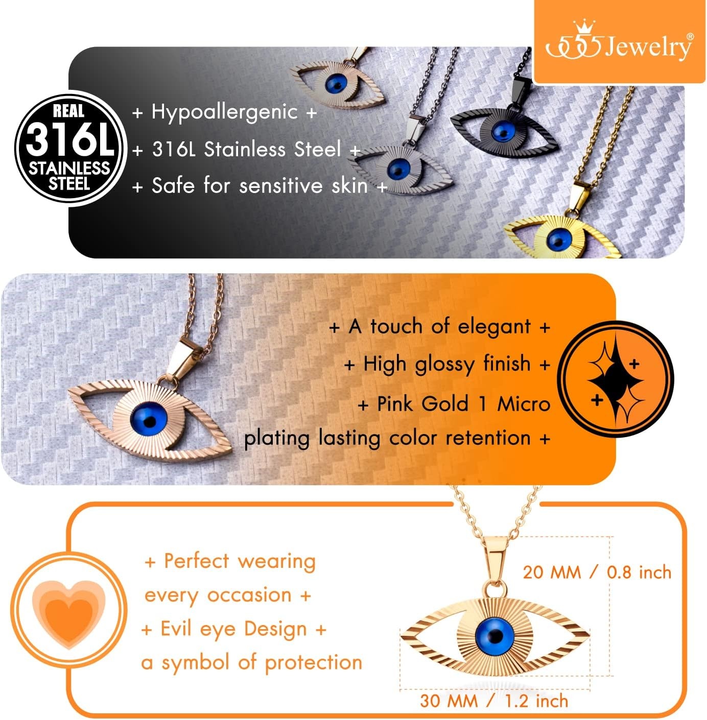 image:image555Jewelry Stainless Steel Blue CZ Evil Eye Necklace Pendant 1820 ChainRose Gold