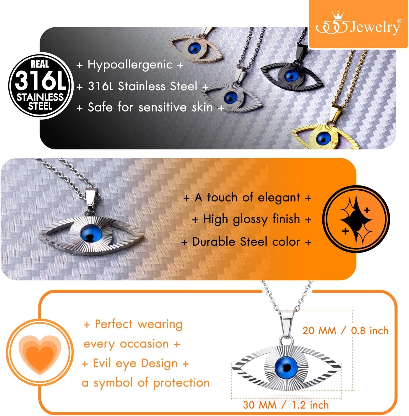 image:image555Jewelry Stainless Steel Blue CZ Evil Eye Necklace Pendant 1820 ChainSilver