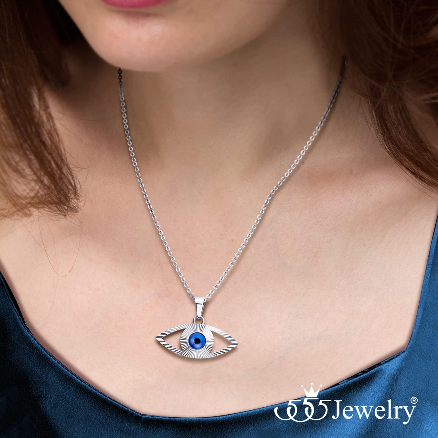 image:image555Jewelry Stainless Steel Blue CZ Evil Eye Necklace Pendant 1820 ChainSilver