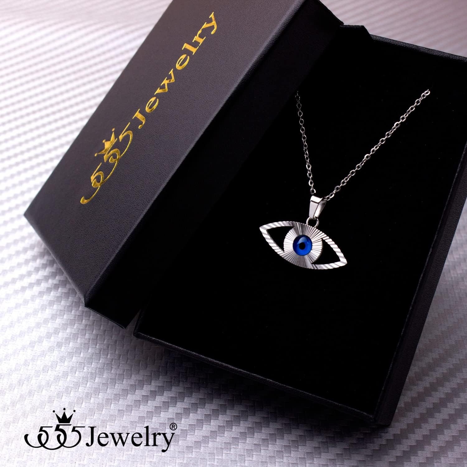 image:image555Jewelry Stainless Steel Blue CZ Evil Eye Necklace Pendant 1820 ChainSilver