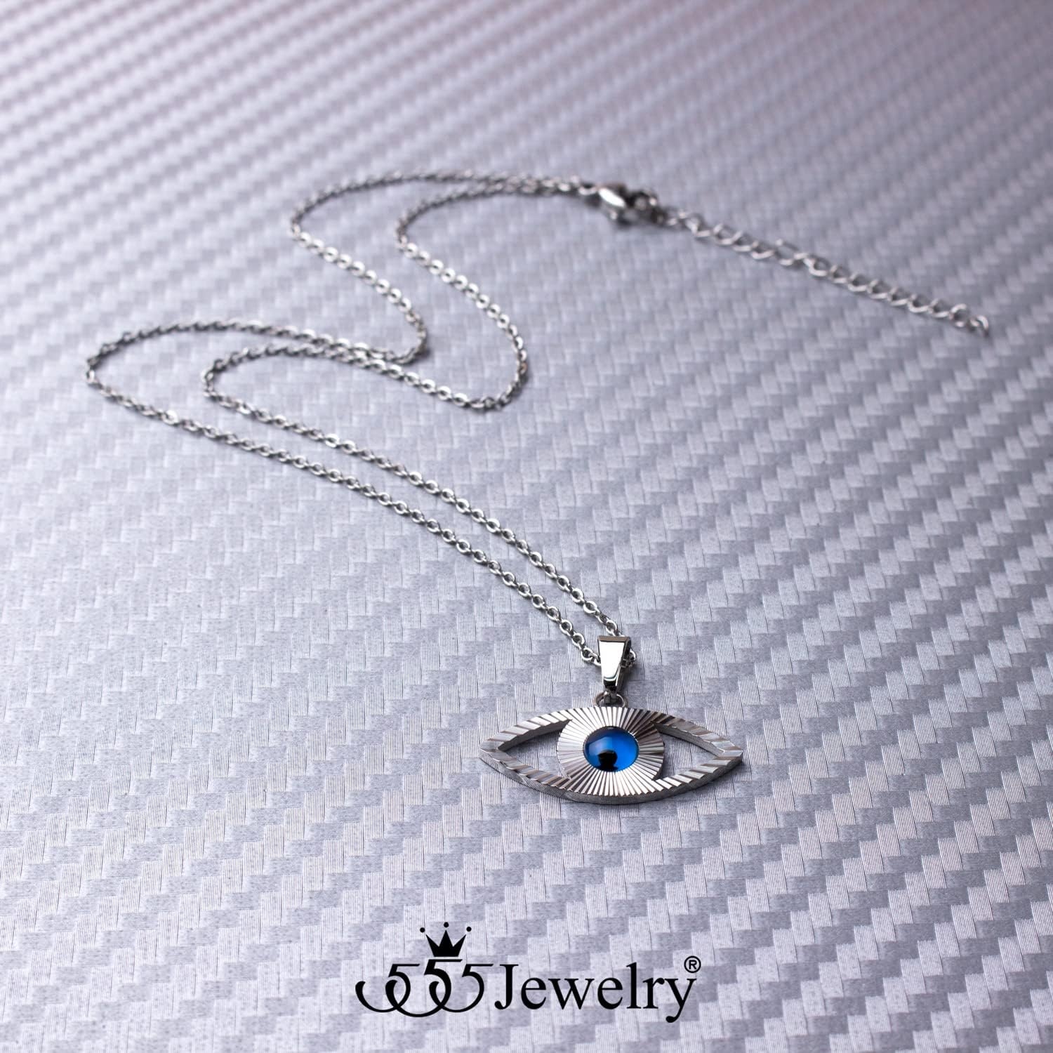 image:image555Jewelry Stainless Steel Blue CZ Evil Eye Necklace Pendant 1820 ChainSilver