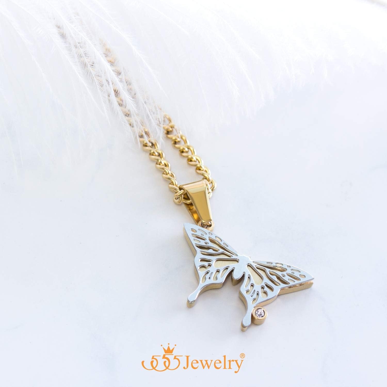 image:image555Jewelry Stainless Steel Cubic Zirconia 3D Butterfly Necklace for Women amp LadiesGold