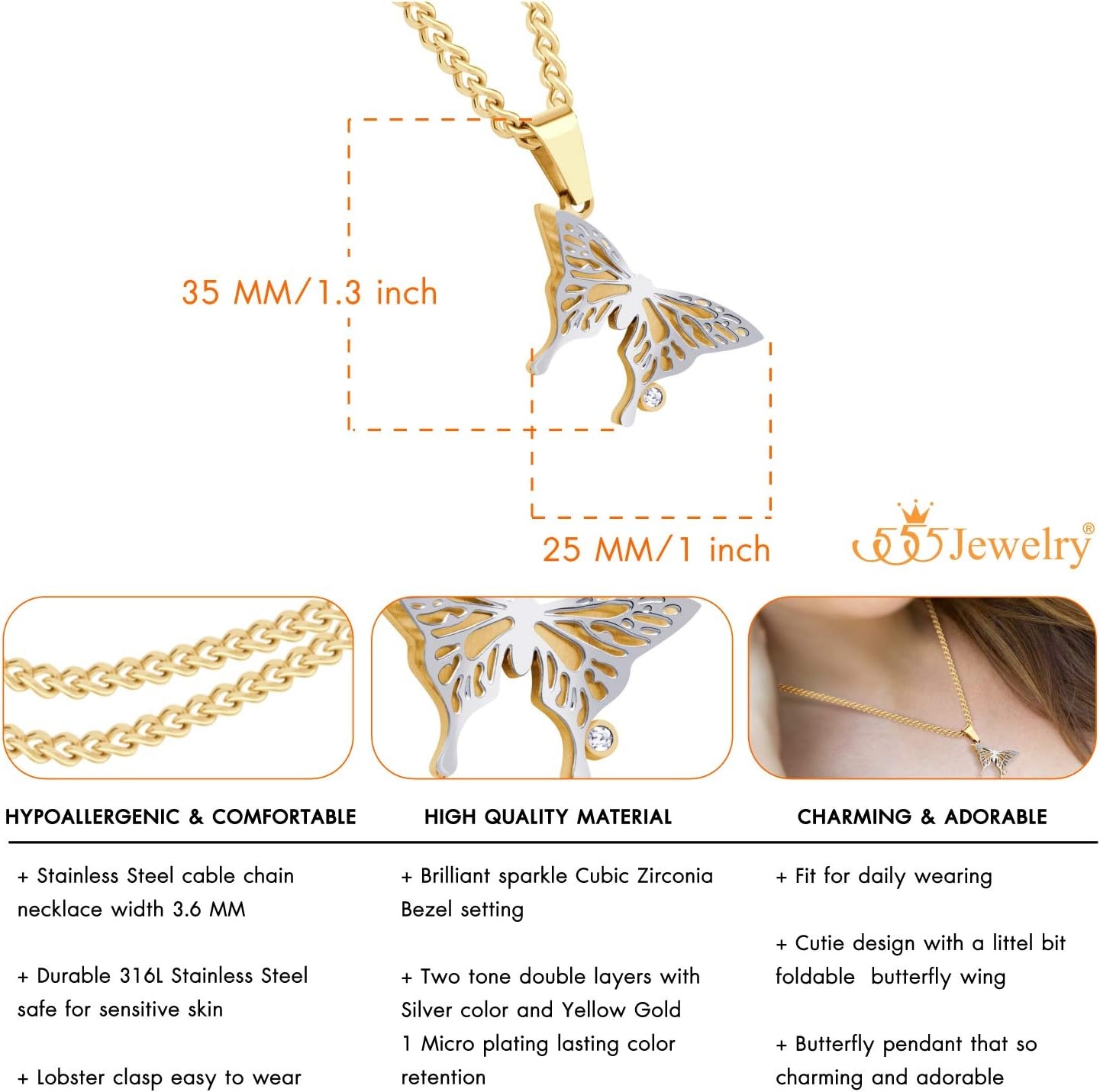 image:image555Jewelry Stainless Steel Cubic Zirconia 3D Butterfly Necklace for Women amp LadiesGold