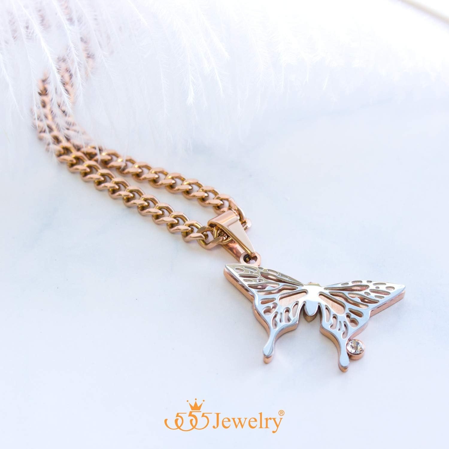 image:image555Jewelry Stainless Steel Cubic Zirconia 3D Butterfly Necklace for Women amp LadiesRose Gold