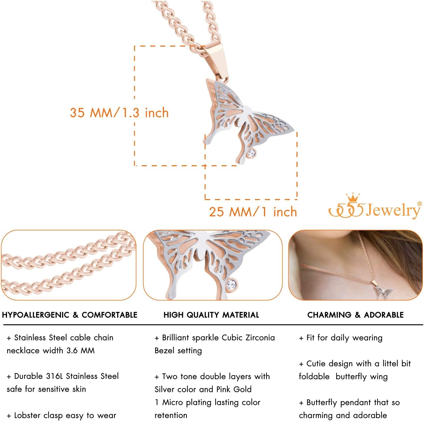 image:image555Jewelry Stainless Steel Cubic Zirconia 3D Butterfly Necklace for Women amp LadiesRose Gold