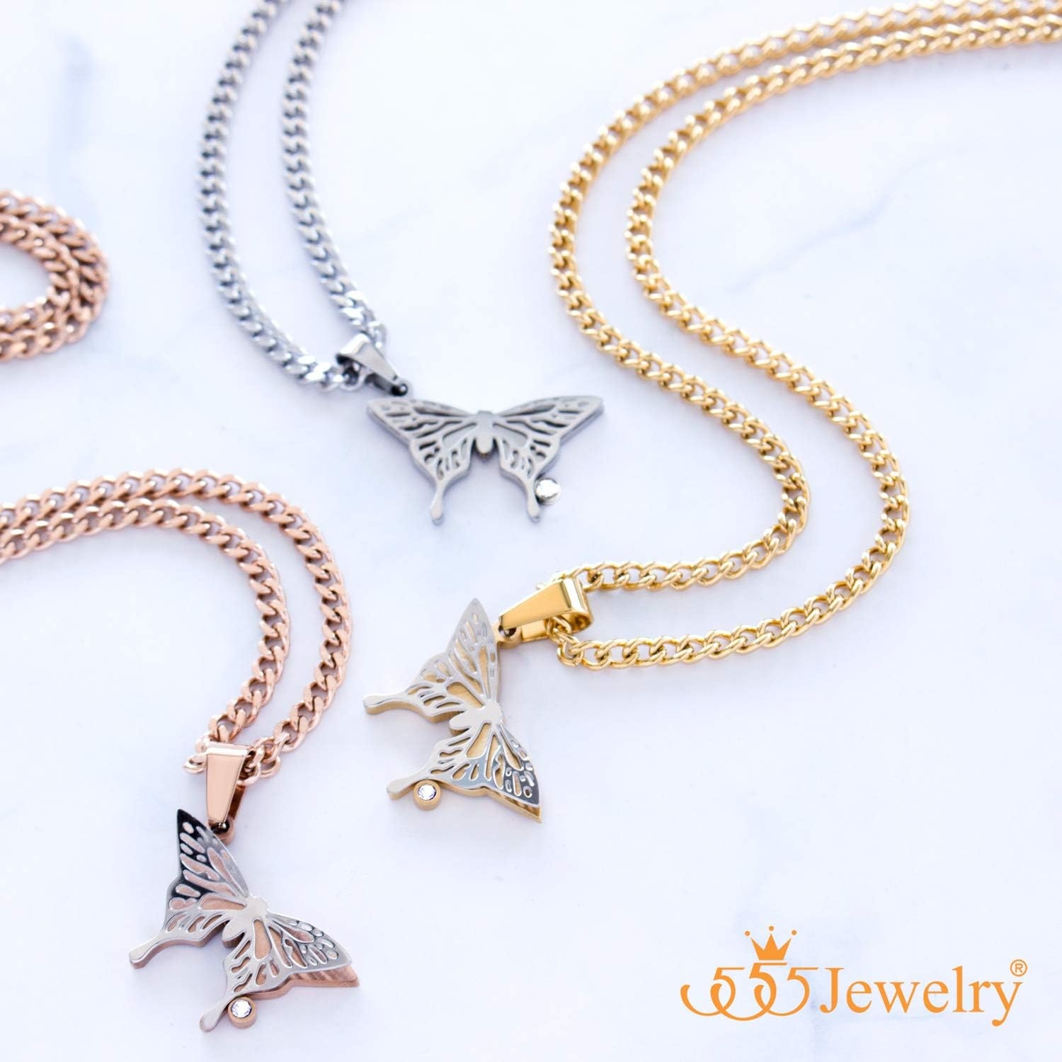 image:image555Jewelry Stainless Steel Cubic Zirconia 3D Butterfly Necklace for Women amp LadiesRose Gold