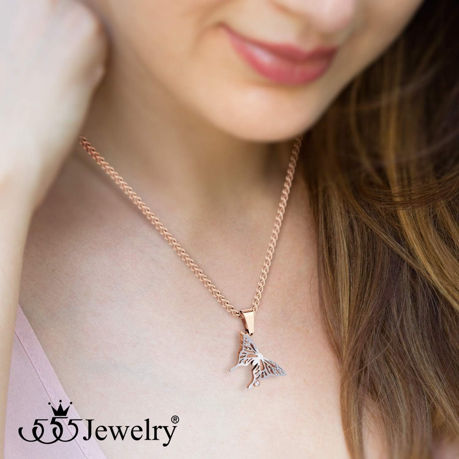 image:image555Jewelry Stainless Steel Cubic Zirconia 3D Butterfly Necklace for Women amp LadiesRose Gold