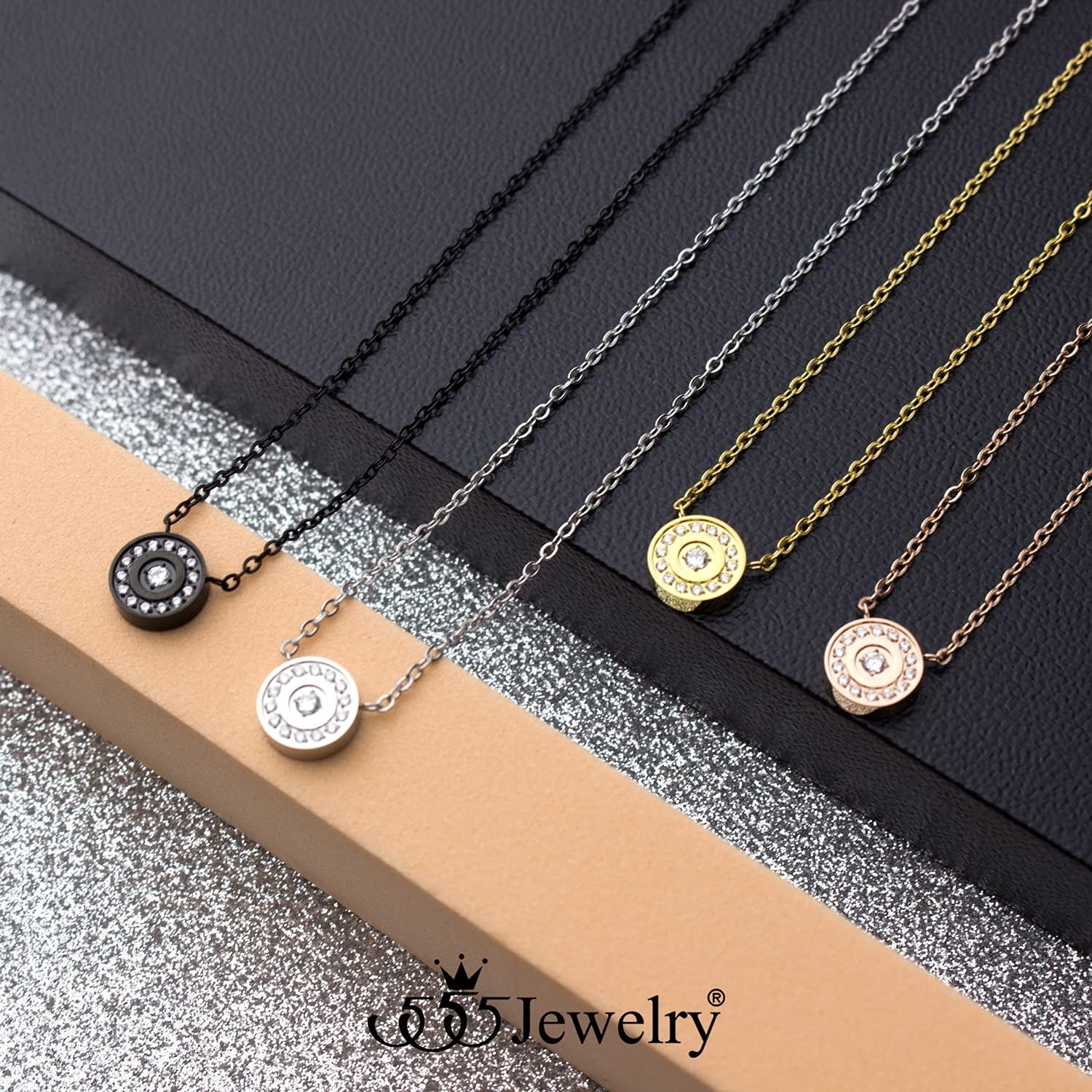 image:image555Jewelry Stainless Steel Dainty Round Button Disc CZ Necklace for Women amp LadiesBlack
