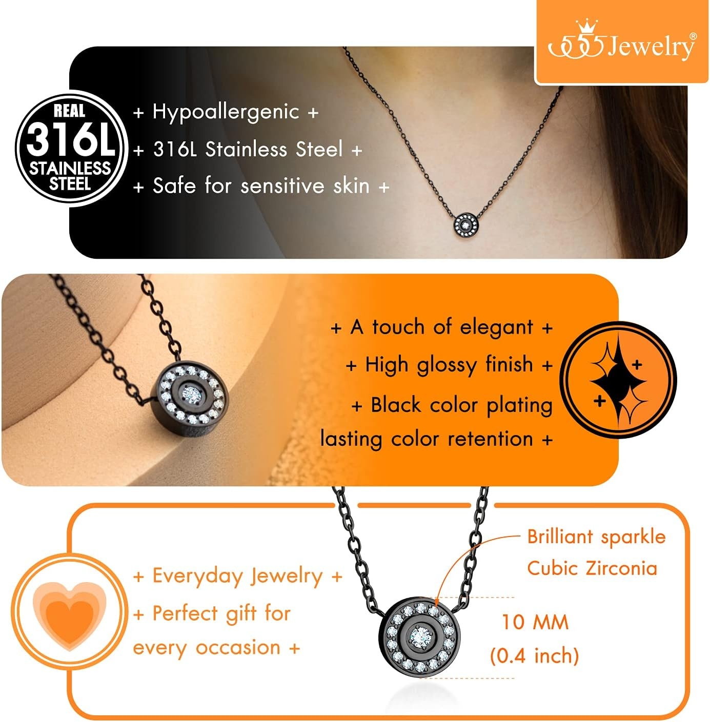 image:image555Jewelry Stainless Steel Dainty Round Button Disc CZ Necklace for Women amp LadiesBlack