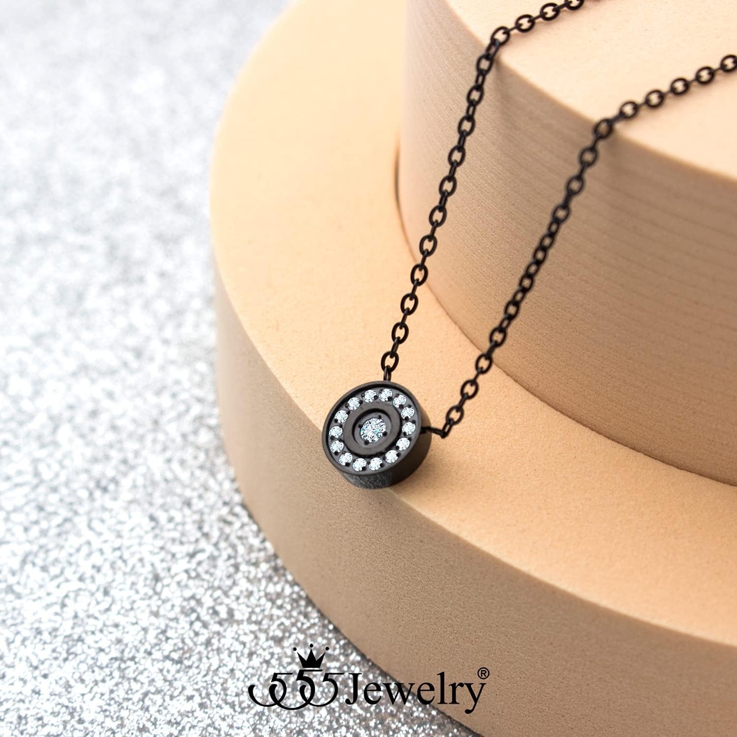 image:image555Jewelry Stainless Steel Dainty Round Button Disc CZ Necklace for Women amp LadiesBlack