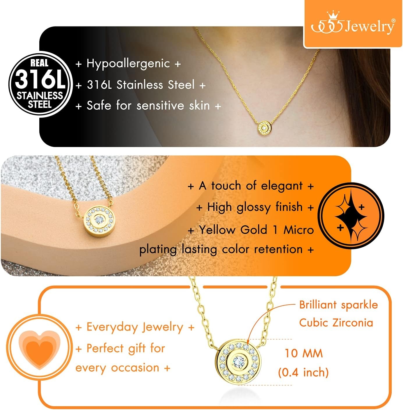 image:image555Jewelry Stainless Steel Dainty Round Button Disc CZ Necklace for Women amp LadiesGold