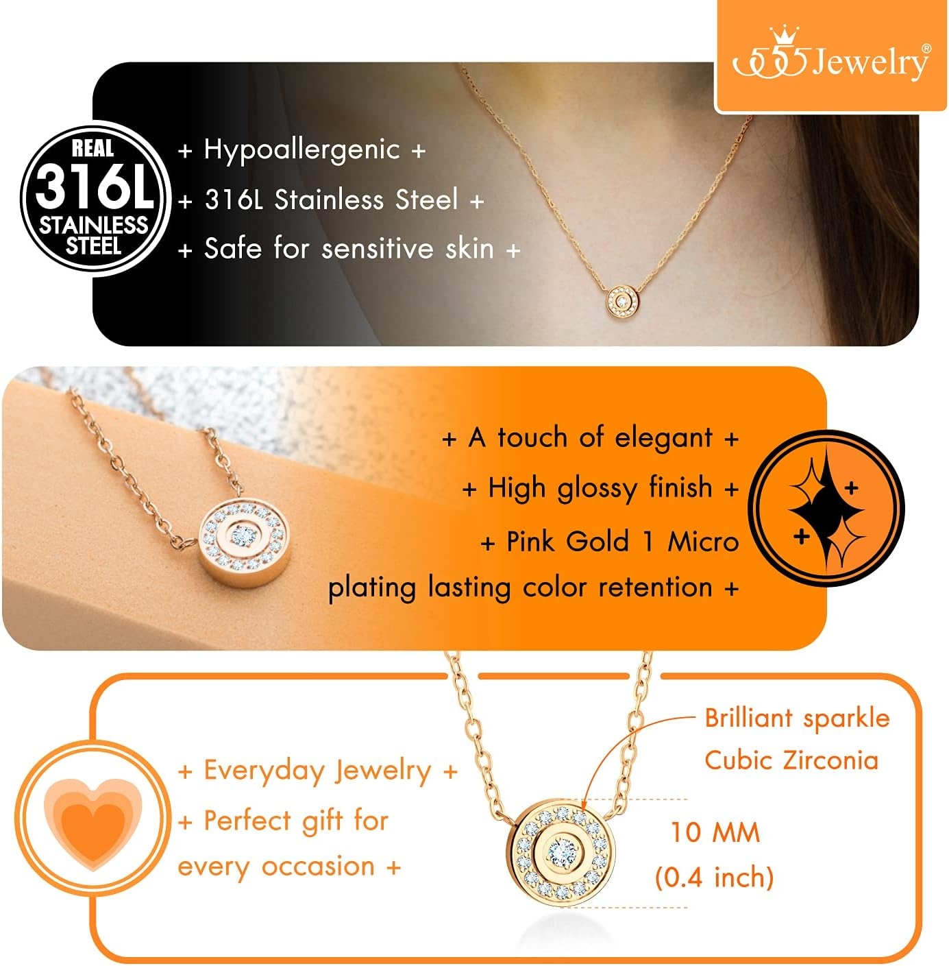 image:image555Jewelry Stainless Steel Dainty Round Button Disc CZ Necklace for Women amp LadiesRose Gold