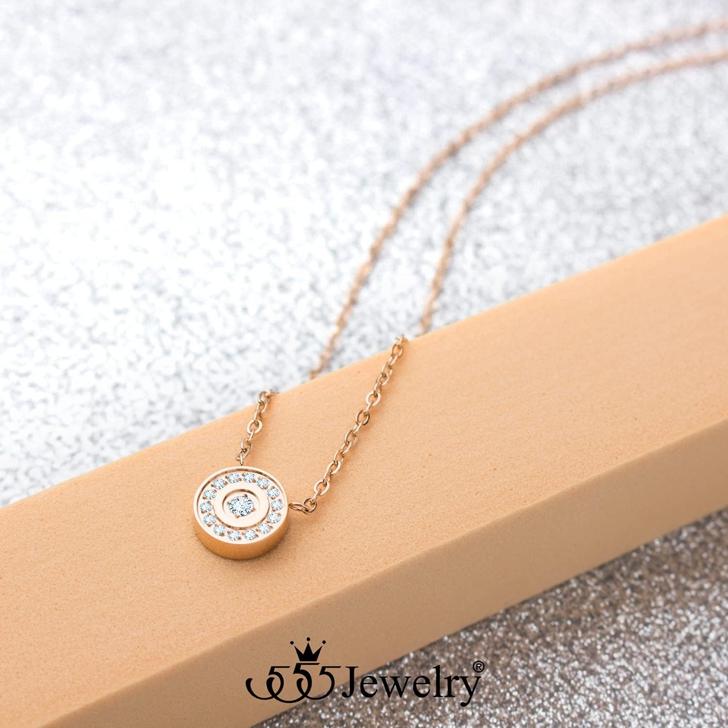 image:image555Jewelry Stainless Steel Dainty Round Button Disc CZ Necklace for Women amp LadiesRose Gold