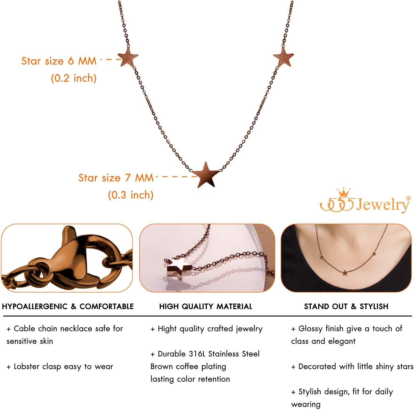 image:image555Jewelry Stainless Steel Dainty Tri Star Necklace Pendant for Women amp LadiesCoffee