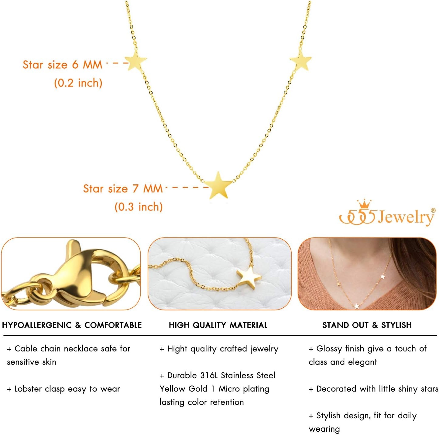 image:image555Jewelry Stainless Steel Dainty Tri Star Necklace Pendant for Women amp LadiesGold