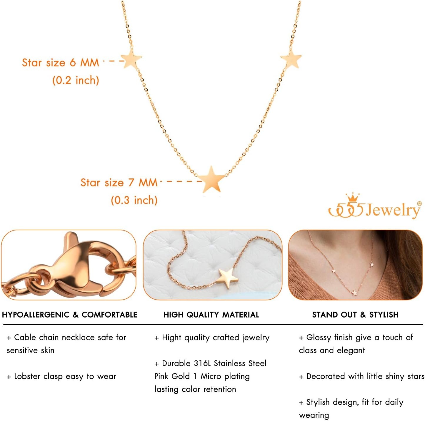 image:image555Jewelry Stainless Steel Dainty Tri Star Necklace Pendant for Women amp LadiesRose Gold