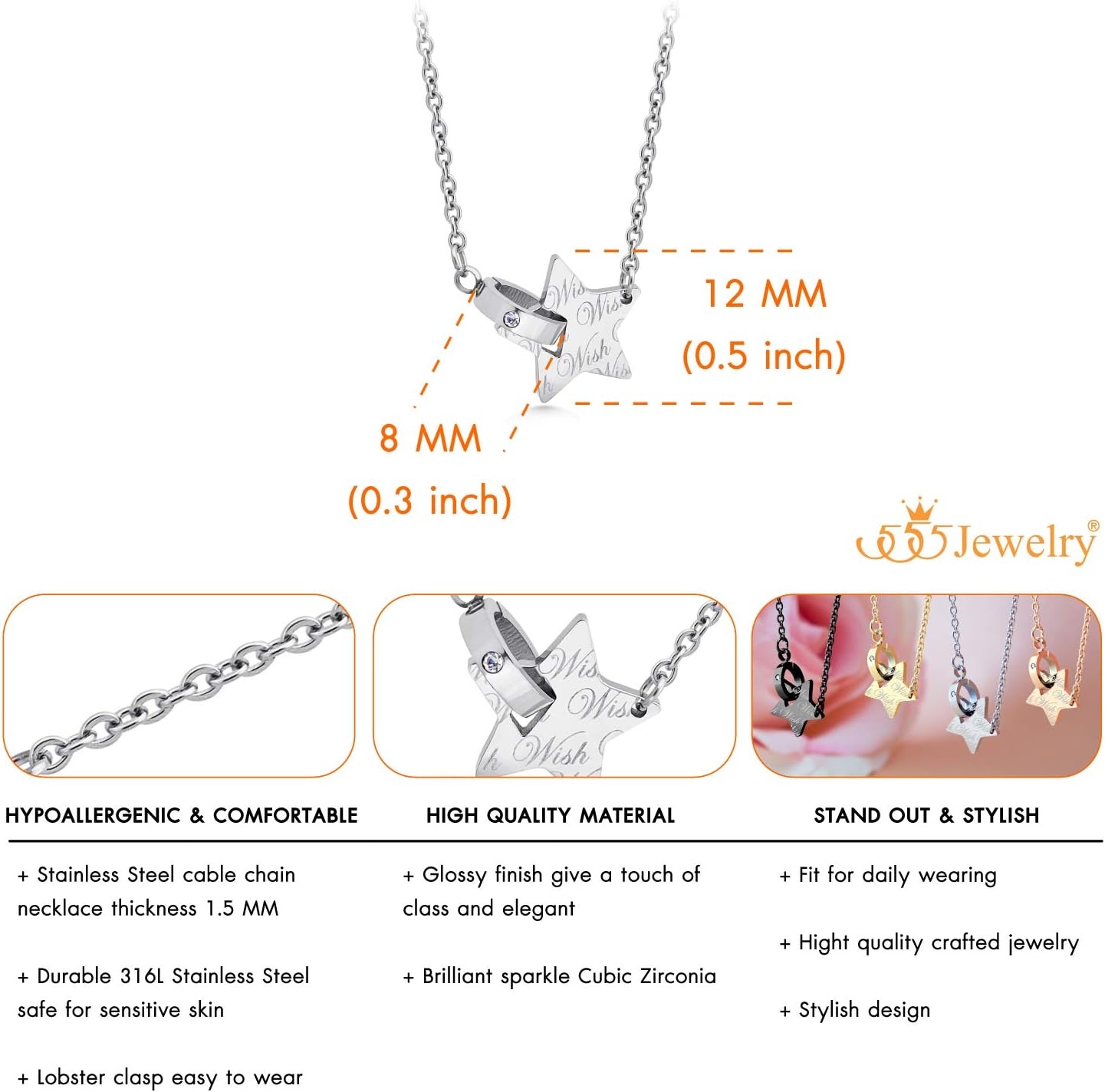 image:image555Jewelry Stainless Steel Interlocking CZ Ring amp Star Necklace Pendant for Women amp LadiesSilver