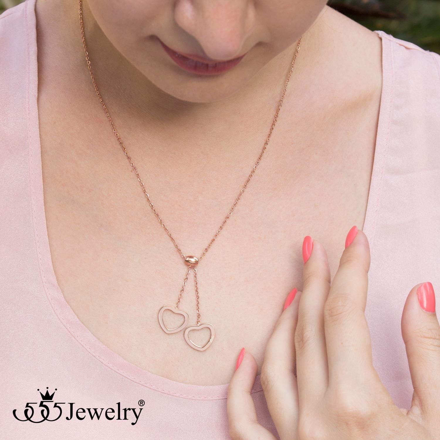 image:image555Jewelry Stainless Steel Lariat Y Dangling Dual Heart Necklace for Women amp LadiesRose Gold