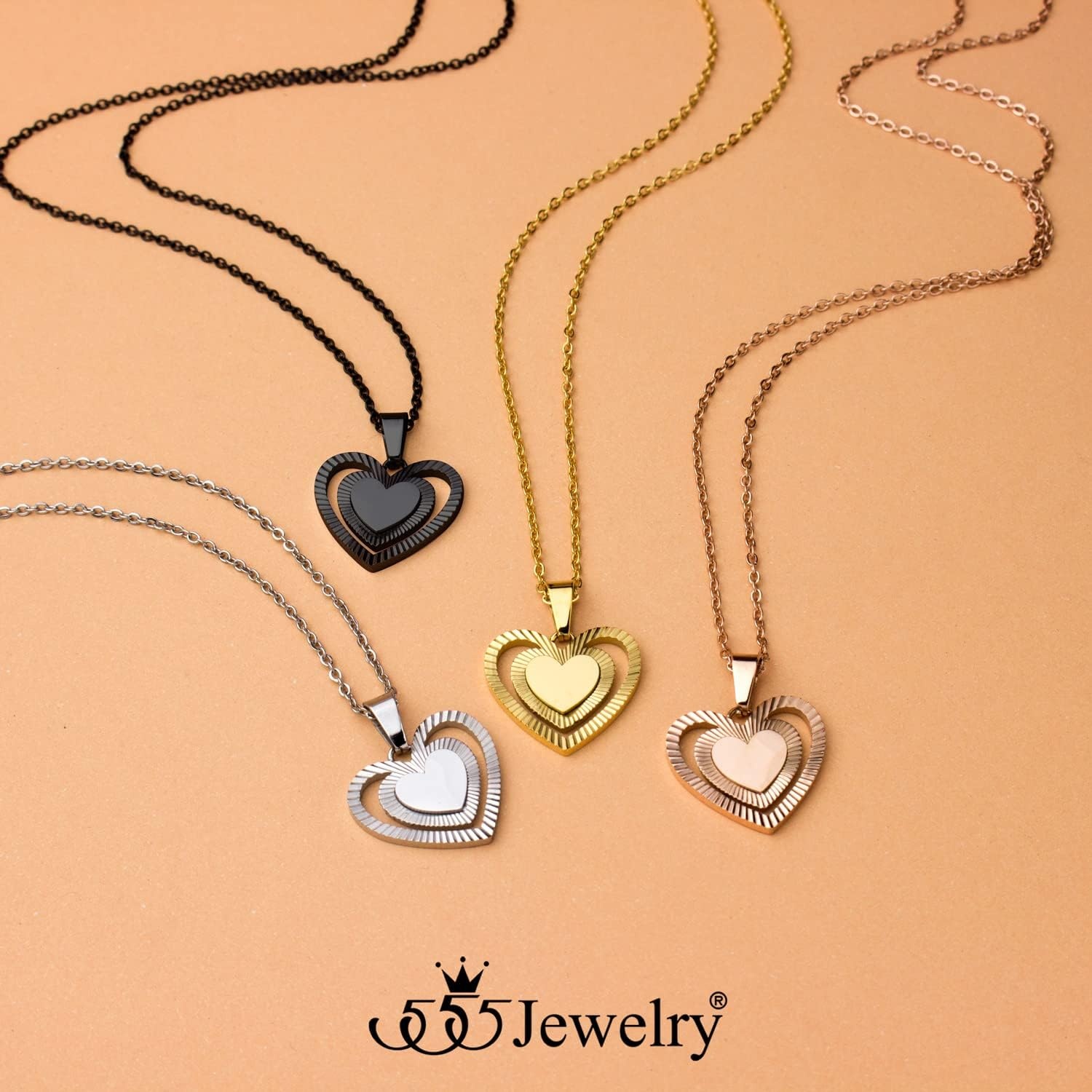 image:image555Jewelry Stainless Steel Ribbed Grooved Heart Necklace for Women amp LadiesRose Gold