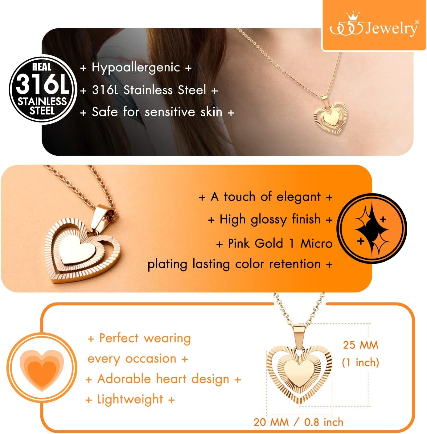 image:image555Jewelry Stainless Steel Ribbed Grooved Heart Necklace for Women amp LadiesRose Gold