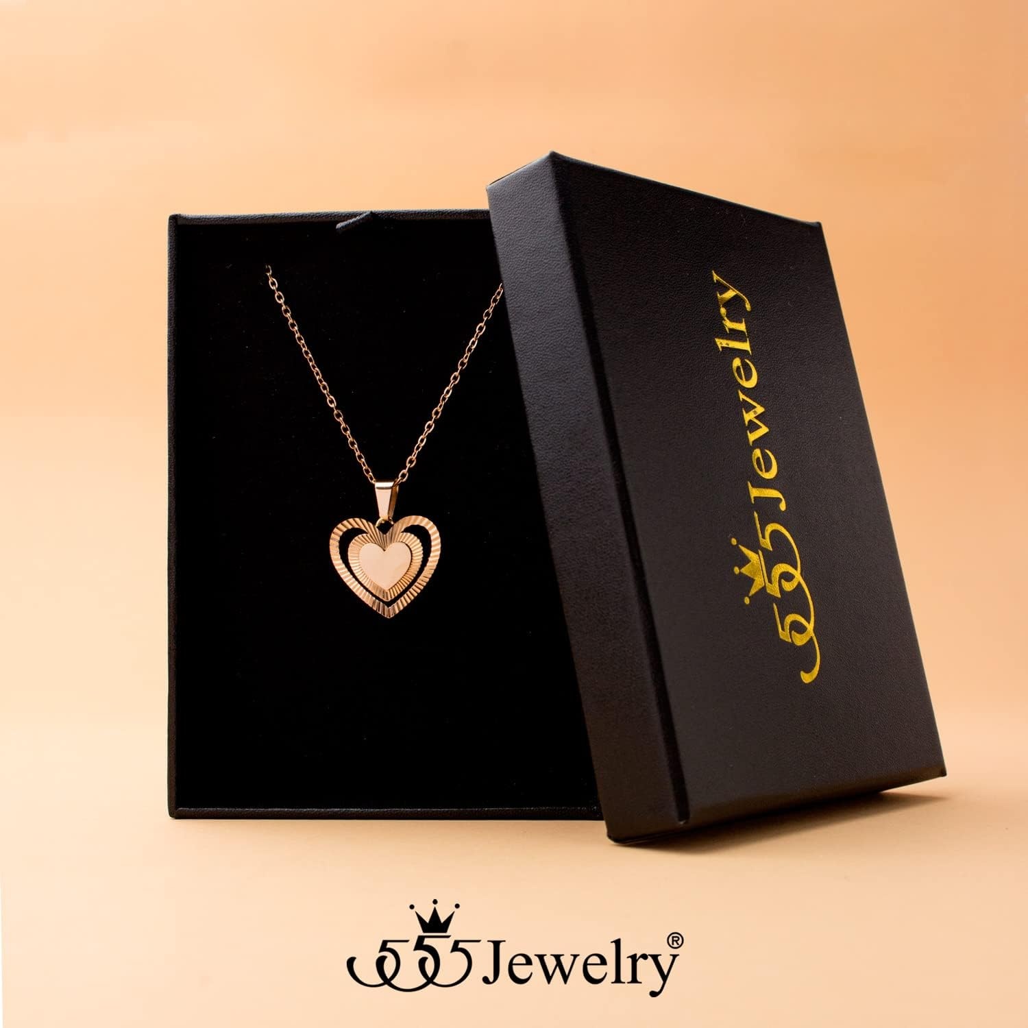 image:image555Jewelry Stainless Steel Ribbed Grooved Heart Necklace for Women amp LadiesRose Gold