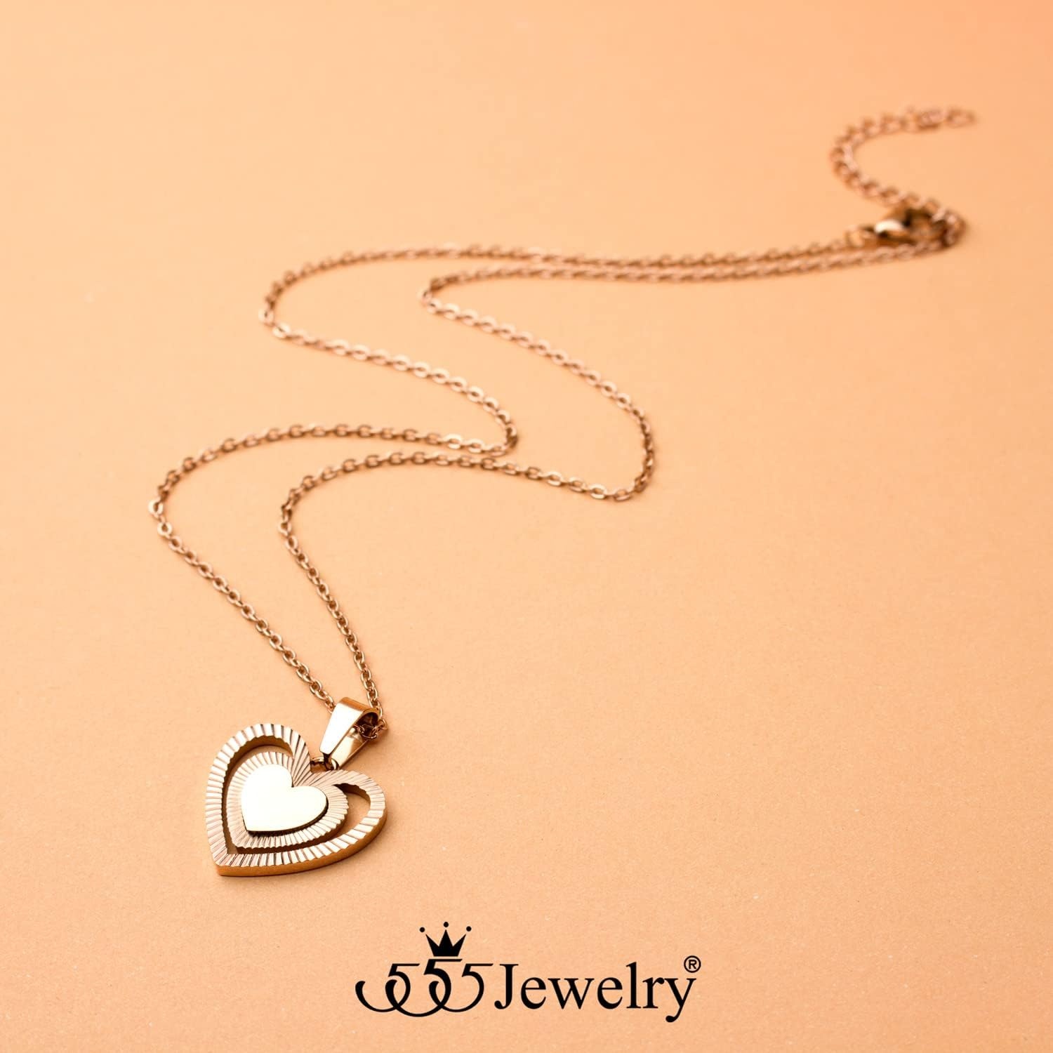 image:image555Jewelry Stainless Steel Ribbed Grooved Heart Necklace for Women amp LadiesRose Gold