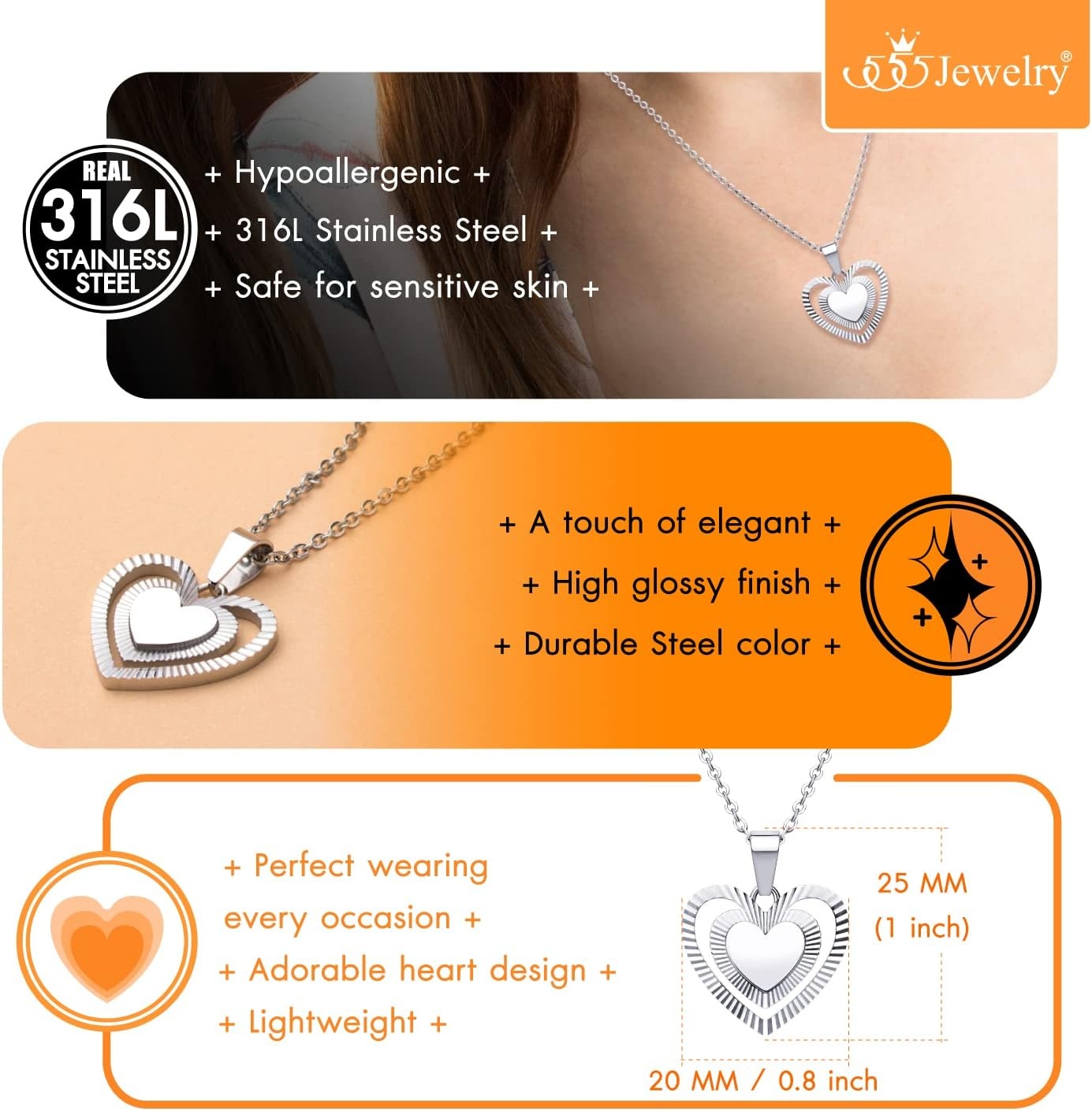 image:image555Jewelry Stainless Steel Ribbed Grooved Heart Necklace for Women amp LadiesSilver
