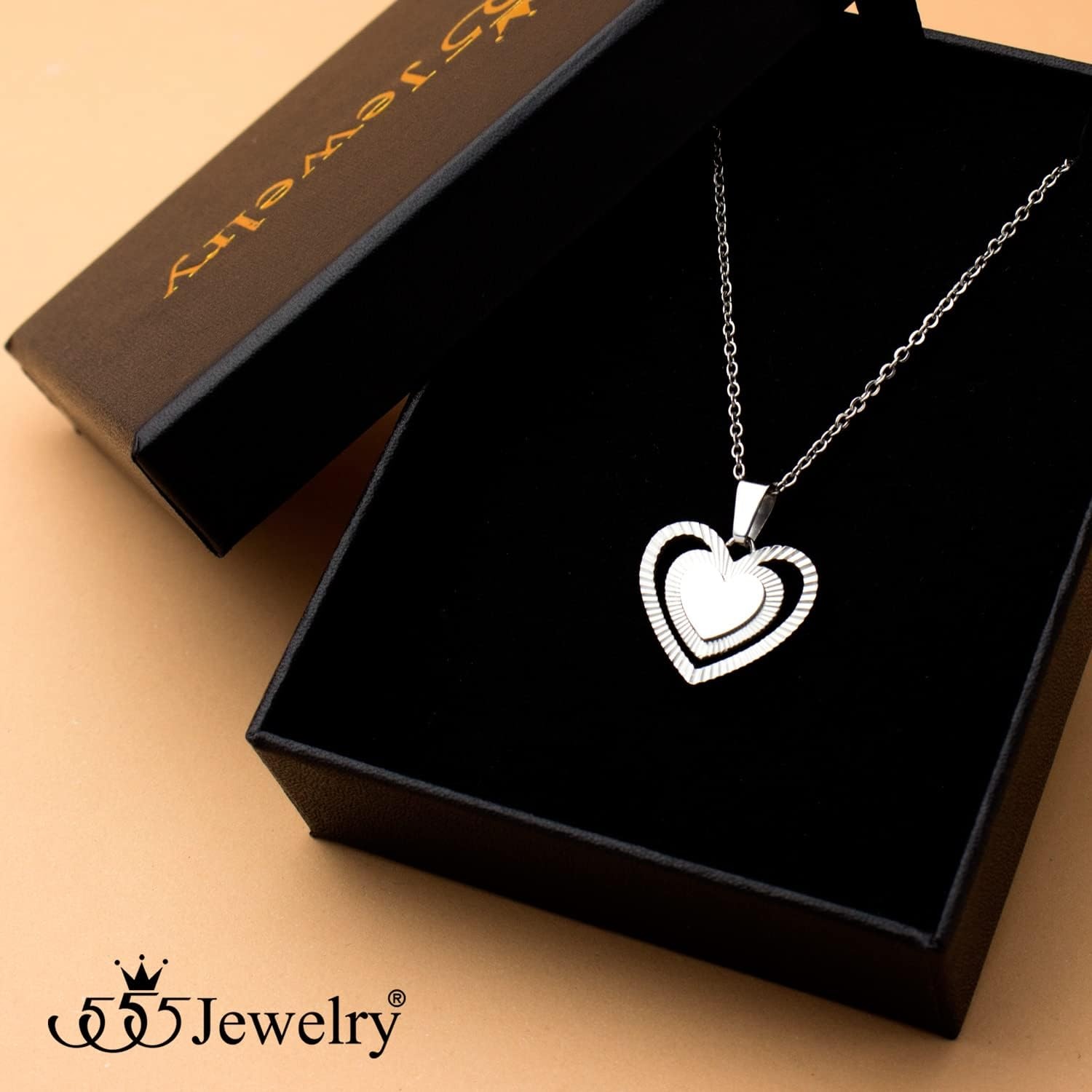 image:image555Jewelry Stainless Steel Ribbed Grooved Heart Necklace for Women amp LadiesSilver