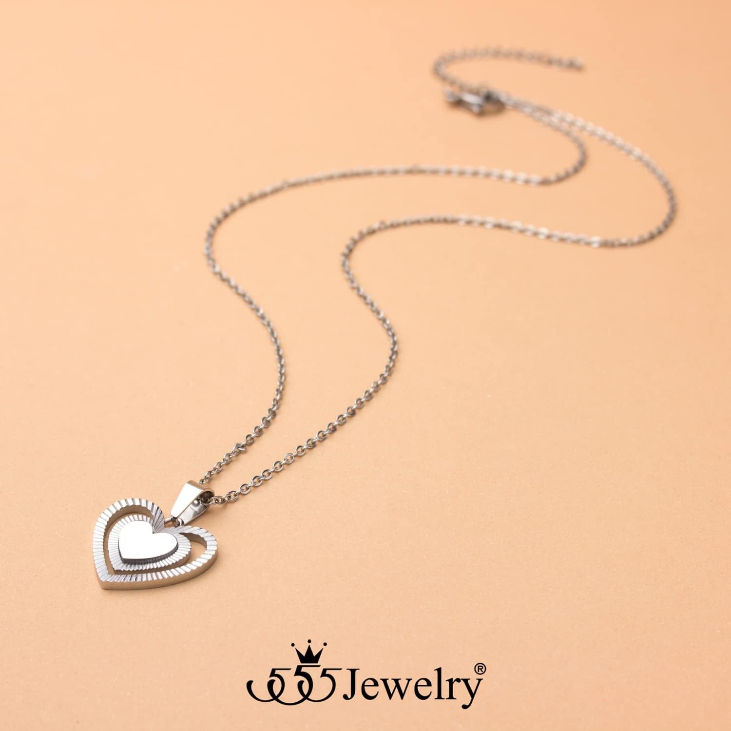 image:image555Jewelry Stainless Steel Ribbed Grooved Heart Necklace for Women amp LadiesSilver