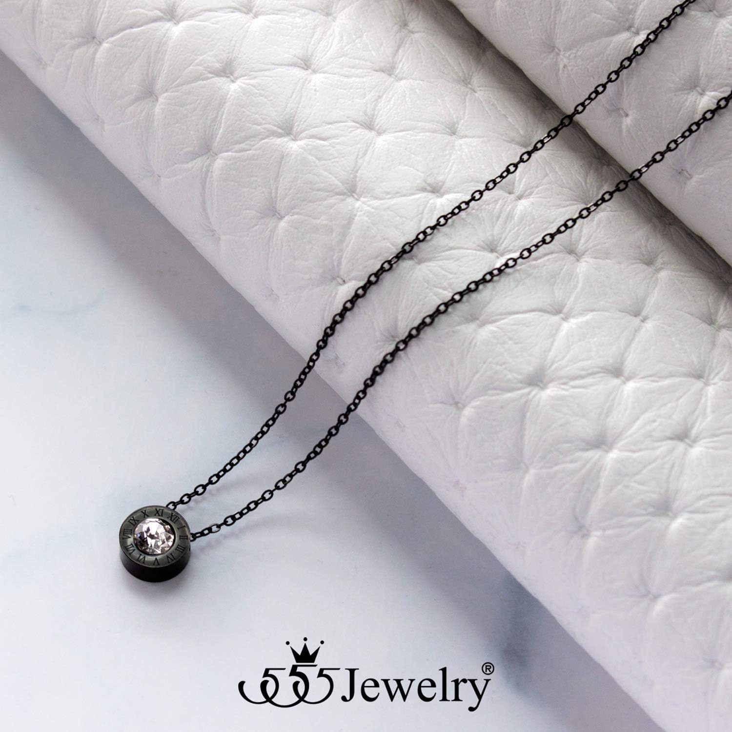image:image555Jewelry Stainless Steel Roman Letters Solitaire CZ Necklace for Women amp LadiesBlack