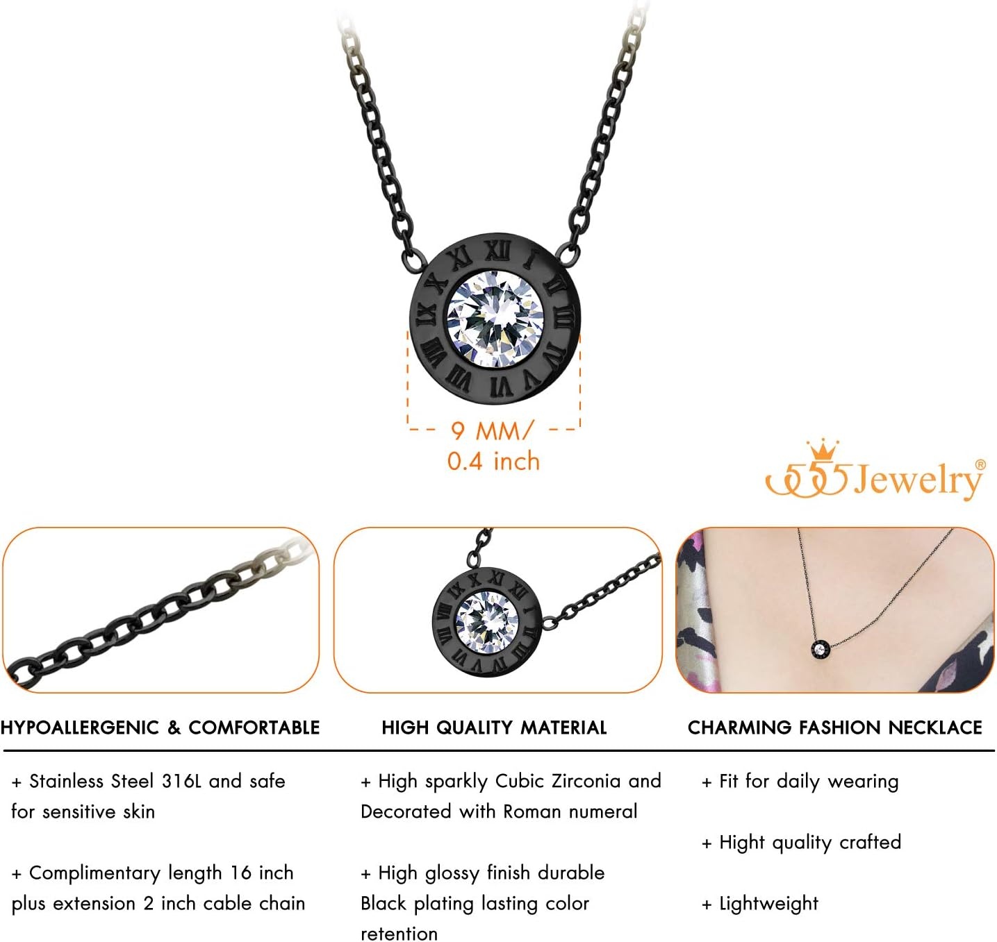 image:image555Jewelry Stainless Steel Roman Letters Solitaire CZ Necklace for Women amp LadiesBlack
