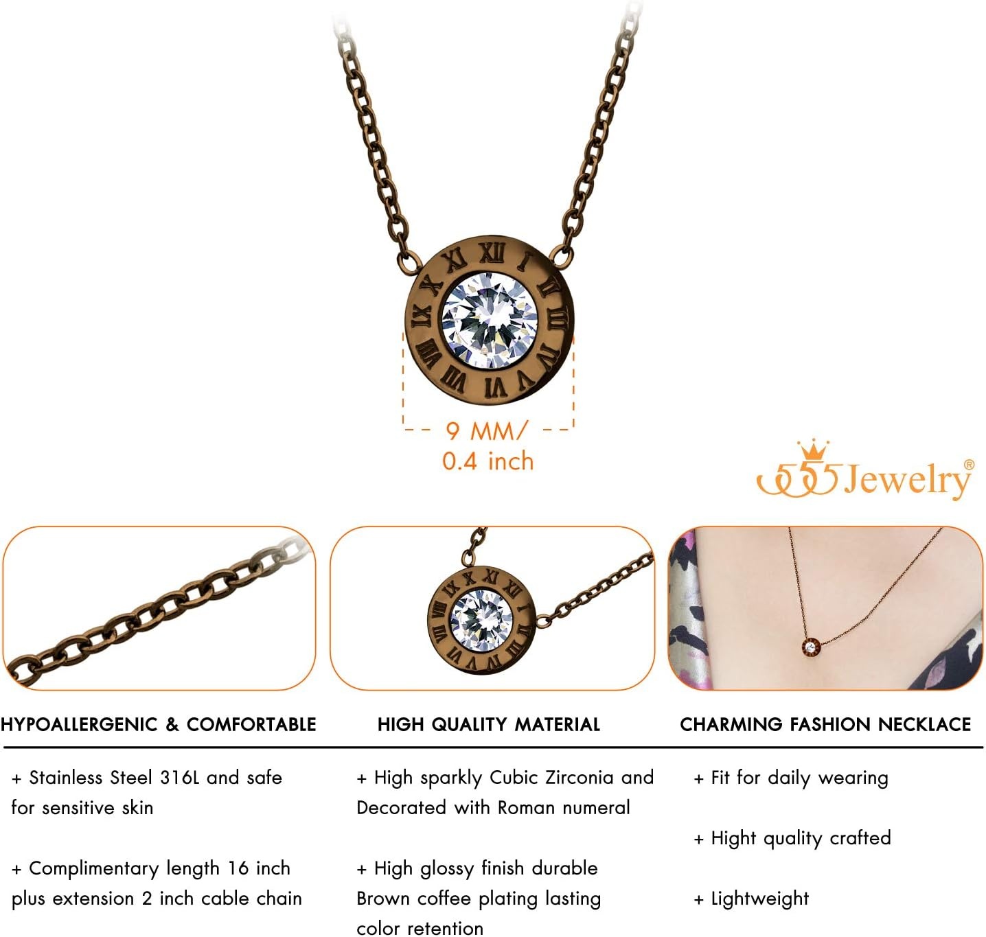 image:image555Jewelry Stainless Steel Roman Letters Solitaire CZ Necklace for Women amp LadiesCoffee