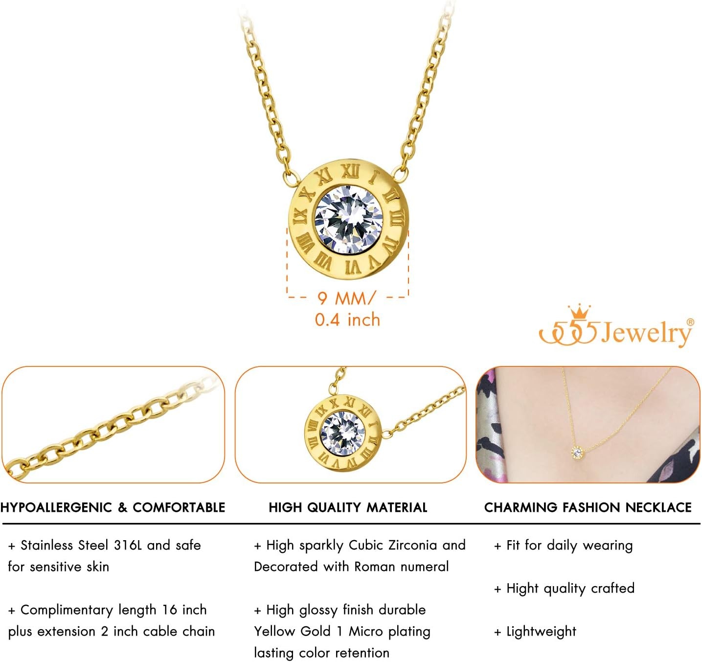 image:image555Jewelry Stainless Steel Roman Letters Solitaire CZ Necklace for Women amp LadiesGold
